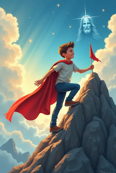 Design a drawing of a  boy climbing a mountain wearing normal clothes and having a superhero cape and a confident smile. In the background, shows clouds with sun rays and stars to symbolize strength and confidence. You can include small details like a flag...