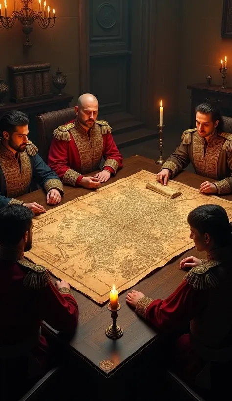 Meeting of Portuguese officials in a dark room, map of Medina on the table.