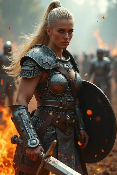 Super realistic, a female barbarian in chain mail over naked holding a burning sword and shield, ultra sleek ponytail blonde hair, blue eyes, Fighting in battle field, motion blur, bokeh effect, depth of field, hyper Realistic, Professional photography, Ci...