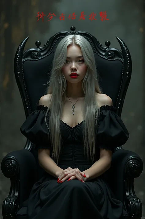 Surreal and cinematic beautiful olive skinned girl with long ash colored hair with almond shaped brown eyes and red lips sitting on a black throne with horns on her head. Carry (attire + accessories). At the top of the image there is frantically written te...