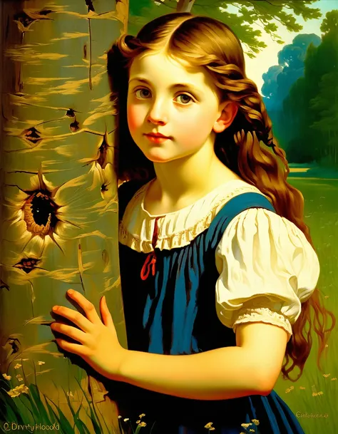 painting of a young girl leaning against a tree in a field, inspired by Sophie Anderson, inspired by Sophie Gengembre Anderson, charles sillem lidderdale, in a forest glade, hans zatska, peinture dune fée sanguinaire, hans zatzka, by Dorothy Hood, young gi...