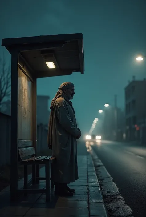 in the distance a realistic syrian man alone at a bus stop at night from very far away 