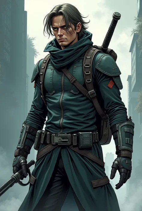 (Panorama) In a serious, comic book style. The Shadowhunter&#39;s overall look Boromir wears a leather jacket and trousers, wzmocnione kevlarem i nanowłóknami. Na jego plecach znajduje się plecak z zaawansowanym technologicznie mieczem, a jego ręce zdobią ...