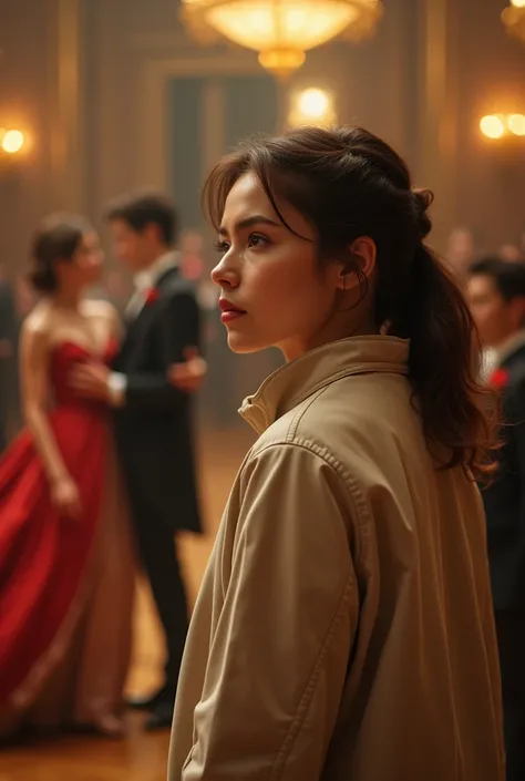 1 woman from a current era, her skin is white with wavy brown hair, standing to the side of the frame with a wide sport jacket, she appears watching a dance from the Netflix series Bridgerton