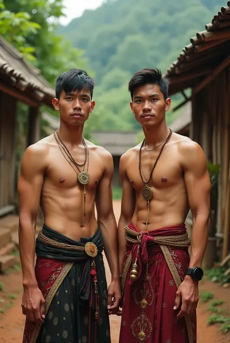 Two young sexy muscular Burmese men
Shirtless and Wearing Burmese Traditional Longyi
Little town with bamboo houses and forest in background 
Realistic photo