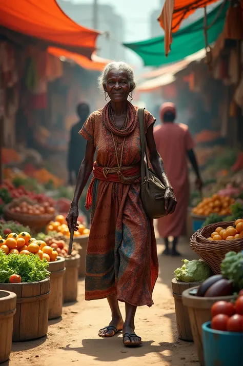 An old African woman walks in the vegetable market 
