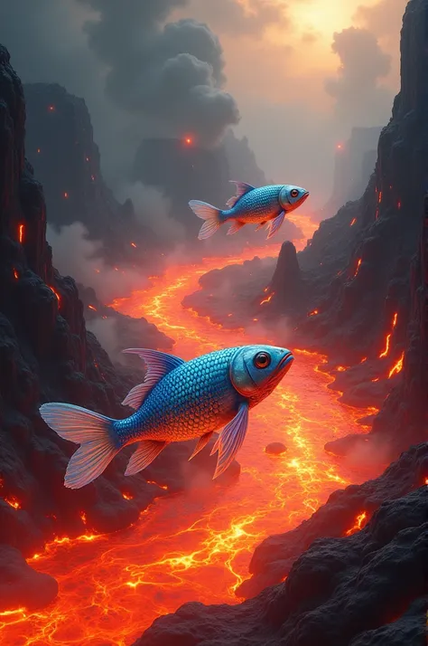 Fish swimming in lava