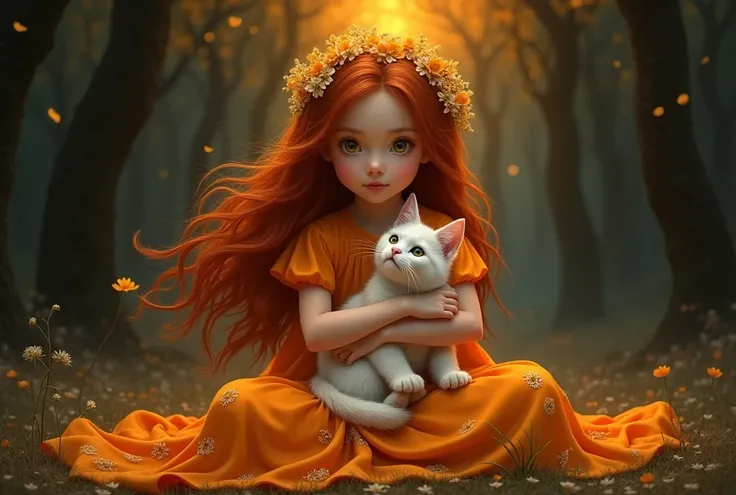 A realistic image with amazing details and a beautiful work of art made by a young girl from . Elle est assise gracieusement, les genoux relevés, assise sur une caisse en bois, serrant fort son chat dans ses bras. She has long, curly, windblown red hair an...