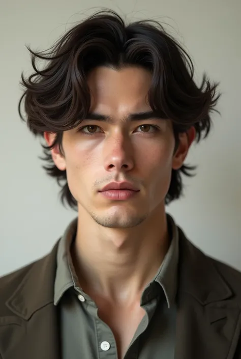 Realistic style man about 2, pale skin, slightly curly and a little long dark brown hair 