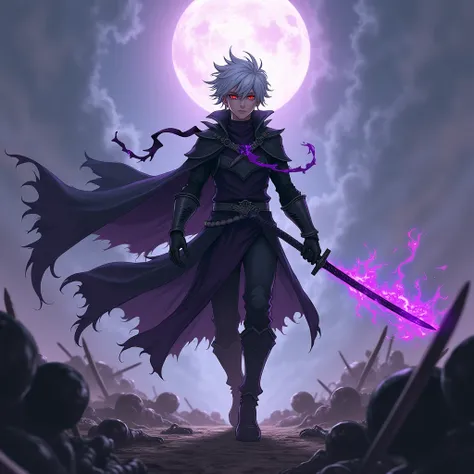 anime style. Fantasy. FIRST WORK. make a man with spiky white hair, put red eyes on it. He has a young appearance but demonstrates an air of superiority. He wears medieval knight style armor, his armor is dark with some purple details.. and he has a katana...