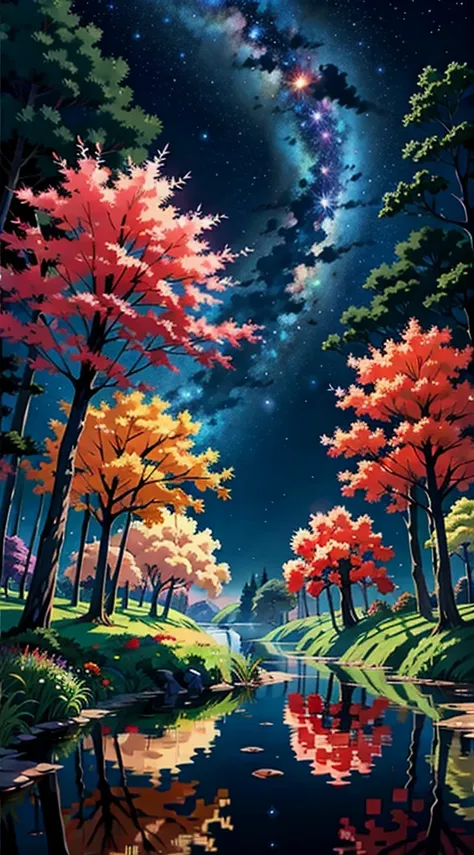  Viral anime nature wallpaper in 4K quality, in the style of Pixar 3D inspired by Coco, showing a lively forest clearing with colorful flowers, animated trees, and a crystal-clear pond reflecting the night sky; warm and festive color temperature, cosmos li...