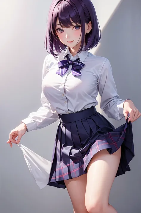 Best Quality,High resolution,8k,(plain white background, no patterns, no textures, just a plain white background:1.3),Masterpiece:1.2),beautiful girl,Big Breasts,(Shiny purple hair:1.3),bob cut,Beautiful purple eyes,Depict a Japanese high school girl. She ...