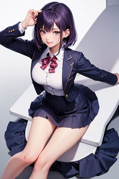 Best Quality,High resolution,8k,(plain white background, no patterns, no textures, just a plain white background:1.3),Masterpiece:1.2),beautiful girl,Big Breasts,Shiny purple hair,bob cut,Beautiful purple eyes,Depict a Japanese high school girl. She is wea...