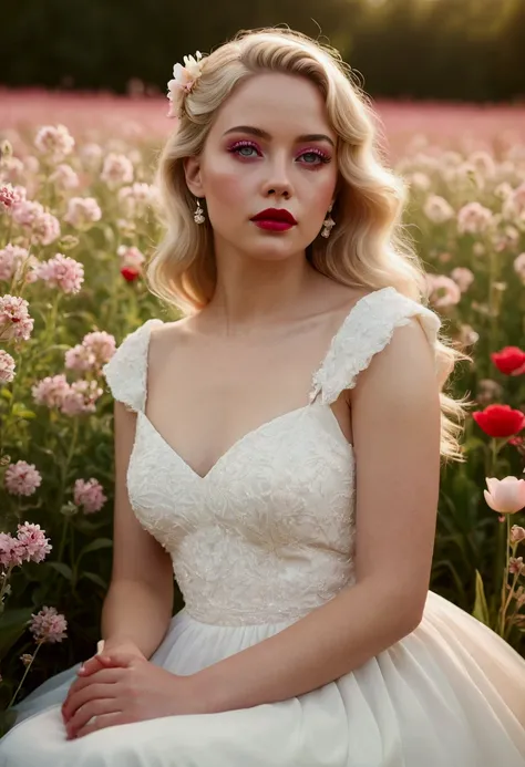 a woman with blonde hair, pink eyeshadow, long eyelashes, red lips, wearing a white dress, sitting in a field of flowers, 1girl, vintage photography style, warm color tones, soft lighting, natural bokeh, cinematic composition, film grain, analogue aestheti...