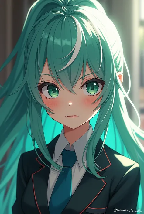 Teenage girl with long light teal hair and white streaks and dark green eyes wearing a UA uniform