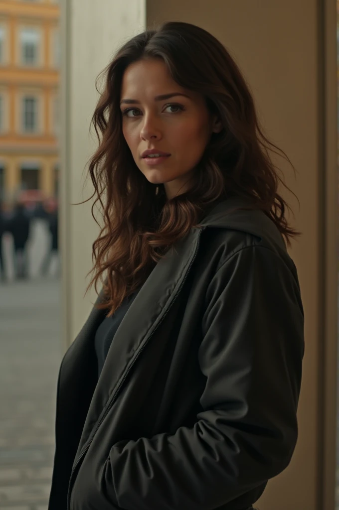 1 woman from a current era, her skin is white with wavy brown hair, standing to the side of the frame with a wide sport jacket, she appears watching and covers her ears due to a shooting from the Money Heist Netflix series at the Mint and Stamp of Spain