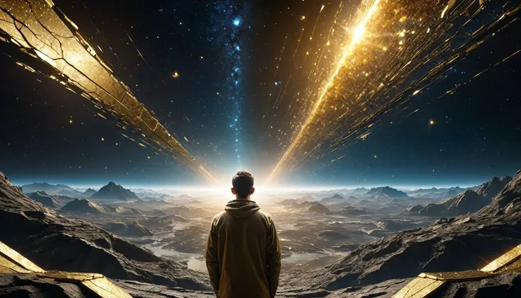 man with rear view on the edge of creation of the universe reimagined by industrial light and magic,therefore, gold, cracks, highly detailed, Award winning photo, <xml><input>realistic</input></xml>, High contrast, depth of field,perspective,cinematic ligh...