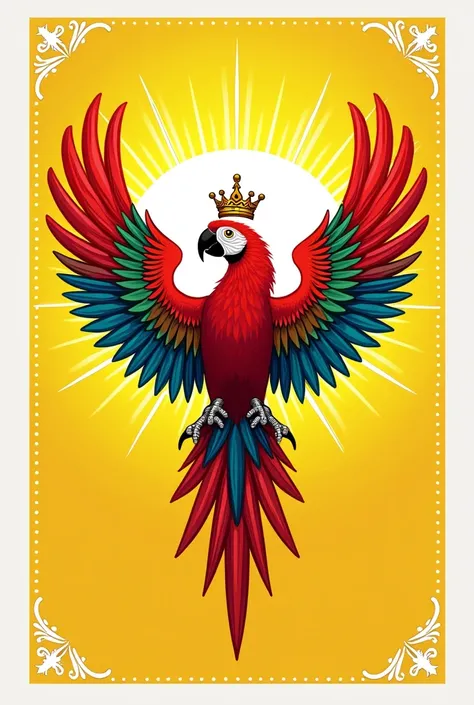 Coat of arms of a colorful macaw with open wings and a crown on its head in front of a white sun embroidered on a yellow flag with white details on the edge.