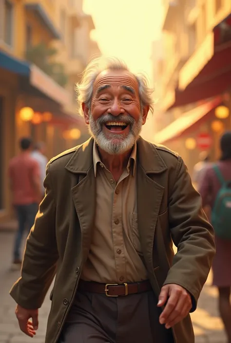 Make me images of an old man who is very happy because they give him money and that&#39;s why he walks around laughing out loud.