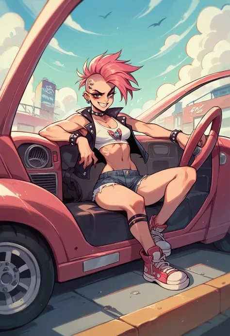 Atompunk girl with red pink sitting in vehicles 