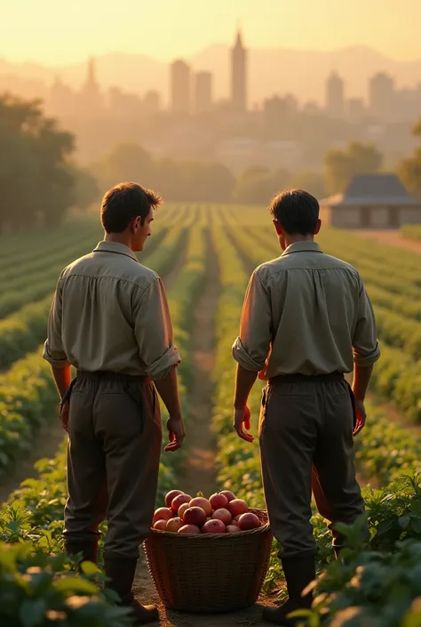 make an image that has a couple of peasants of apparently 40 years old who are facing forward standing in a plantation thanking for the harvest in a vast place with classic peasant clothes with a basket on the ground with a city very far away in a dark lat...