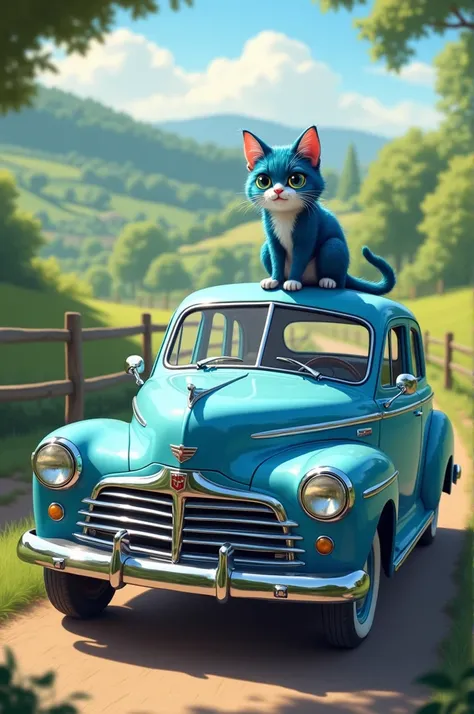 Car with blue cat 