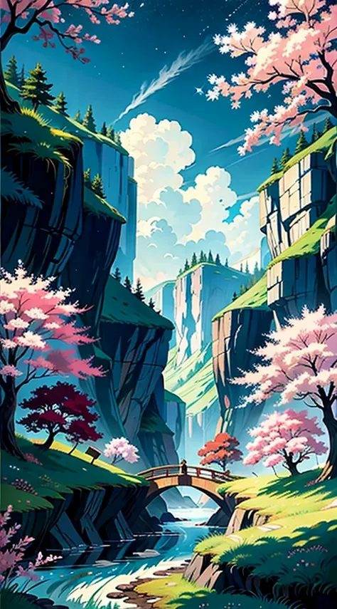 Viral anime nature wallpaper in 4K quality, in the style of illustration inspired by Rumiko Takahashi, featuring a picturesque valley with rolling hills, blossoming cherry trees, and a clear river flowing through; soft and pastel color temperature, cosmos ...