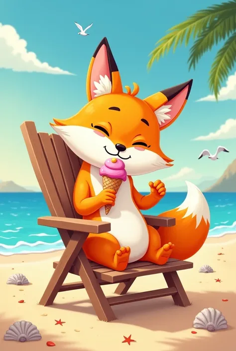 a cartoon-style drawing of a humanoid fox, eating an ice cream cone,sitting in a chair on the beach