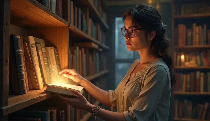 Prompt 1: The interior of a small and cozy bookstore, with wooden shelves full of books. a woman standing, with an expression of curiosity and surprise, reaches out to pick up a book that seems to glow with a soft light on the shelf. The title of the book,...