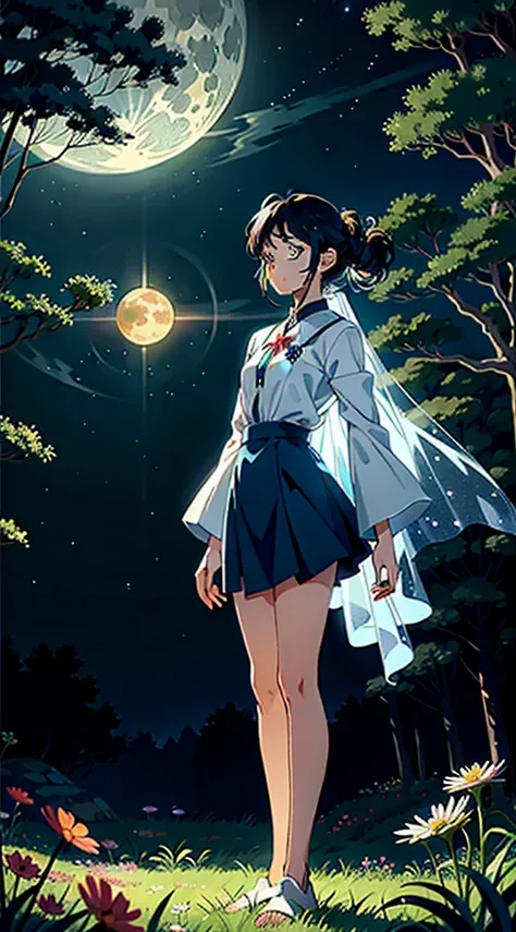 Viral anime nature wallpaper in 4K quality, in the style of digital illustration inspired by Naoko Takeuchi, depicting a magical forest at midnight with glowing flowers, fairy lights, and an ethereal moon casting a soft glow; cool and mystical color temper...