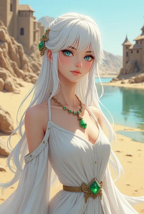 white hair, blue eyes, mature woman, anime, white dress, desert with river, old medieval inn, medieval clothing, green gem pendant