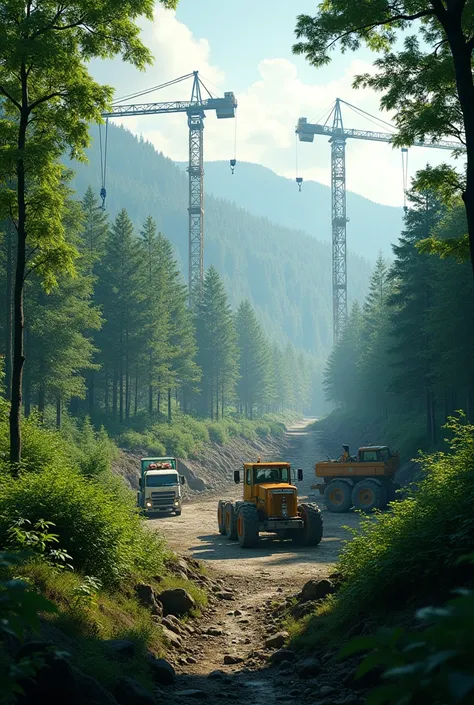 
The forest around them should be lush and vibrant, contrasting with the destruction in the distance.
The construction area should have heavy machinery like cranes, trucks, and excavators actively at work, creating a sense of threat to the forest.