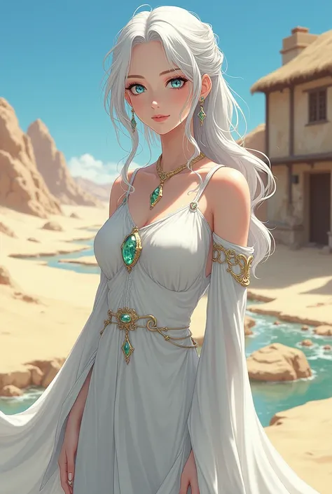 white hair, blue eyes, mature woman, anime, white dress, desert with river, old medieval inn, medieval clothing, green gem pendant