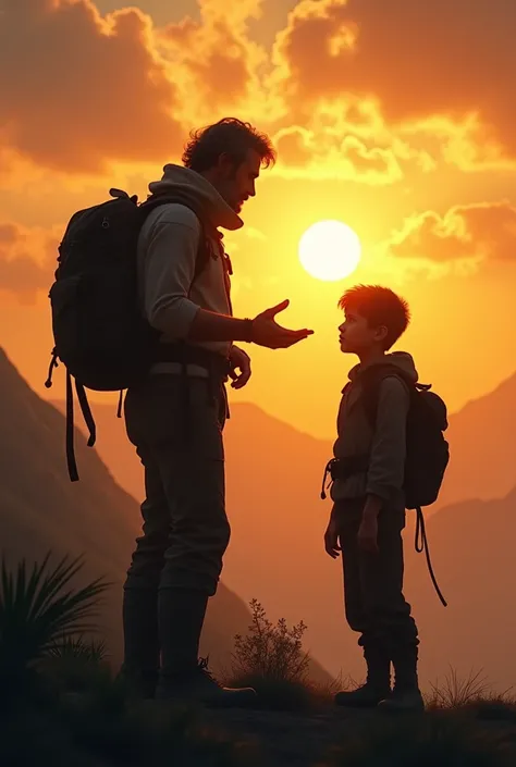 father giving advice to son, in an adventure setting  , with its silhouette in a sunset 