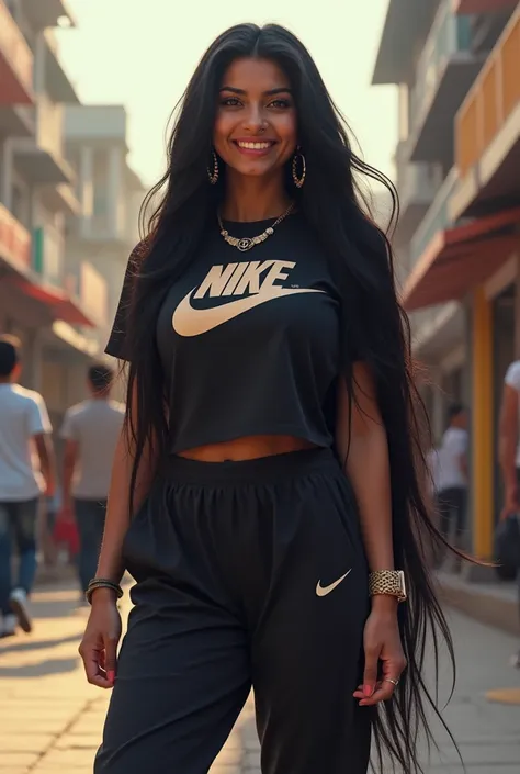 Très jeune femme pendjabi belle souriante aux cheveux immenses lisses allant jusquau genoux ultra long noirs en t-shirt Nike gros logo, qui porte un pantalon noir Nike assorti de sport et des chaussures Nike Air Force 1 blanches et noires elle porte des bi...