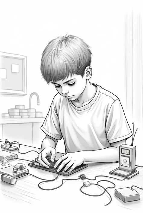 Short haired boy with t-shirt and pants, over a white coat, assembling the flat-faced capacitor connected with some cables to the capacitance meter on a table in a laboratory drawn with black pencil