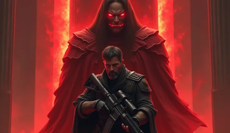 a middle-aged soldier with a full goatee and somewhat short hair hides behind a column of scarlet beauty with blood red eyes and an angry expression , long brown hair, long red dress, that emanates red energy, with its magic