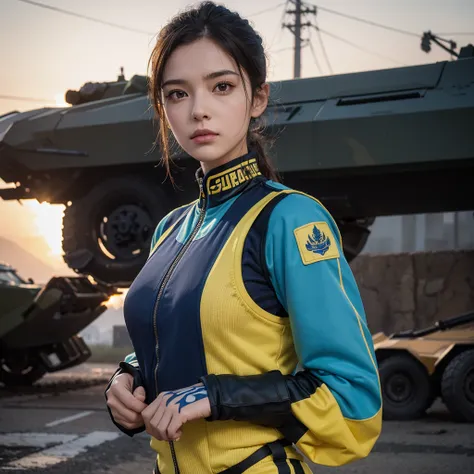 Sporty girl in pixel uniform. NATO, yellow blue ukraine bulletproof vest, gloves, берцы, beautiful face. tattoos. serious face. There is military equipment burning behind, tanks , bmp, there are cartridges everywhere on the ground, gloomy atmosphere . And ...