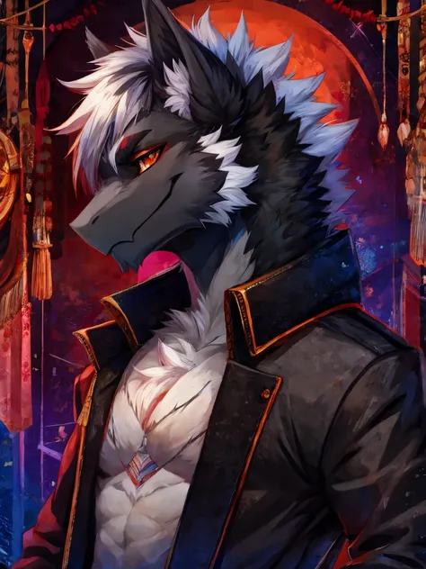 furry, furred dragon, male, view 3/4 from profile, fullbody, ((darkgray body), (lightgray chest)), ((cyan hairs:0.4), (magenta hairs:0.3), (red haris:0.3)), orange eyes