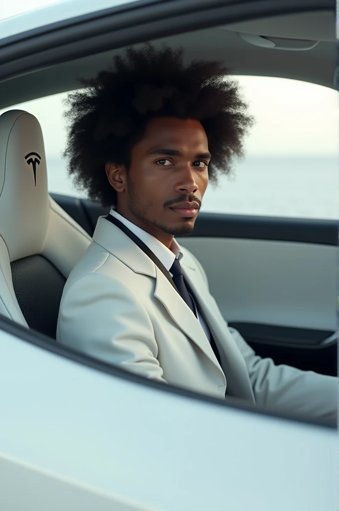 Younger Nikola Tesla black afro curls sitting in white Tesla model 3 