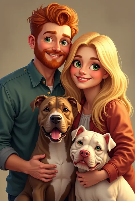 Happy family, the man is red-blond with a beard and his wife is the same height, blond, green eyes, with 2 pitbull dogs 
