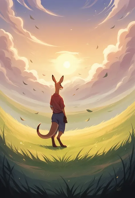 
"A female furry anthro kangaroo standing alone in a field of tall grass, with the wind gently swaying the leaves. She is looking at a beautiful sunset with shades of purple and pink., creating a serene and peaceful atmosphere. The scene evokes a sense of ...