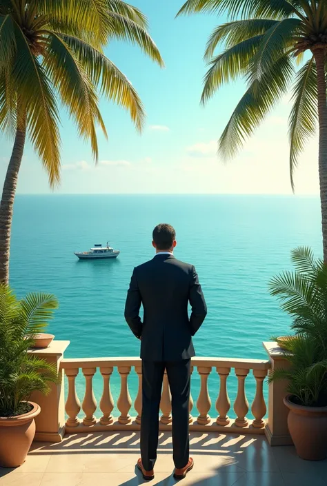 One  rich man see to the sea and  background coconut tree and ship ai video 