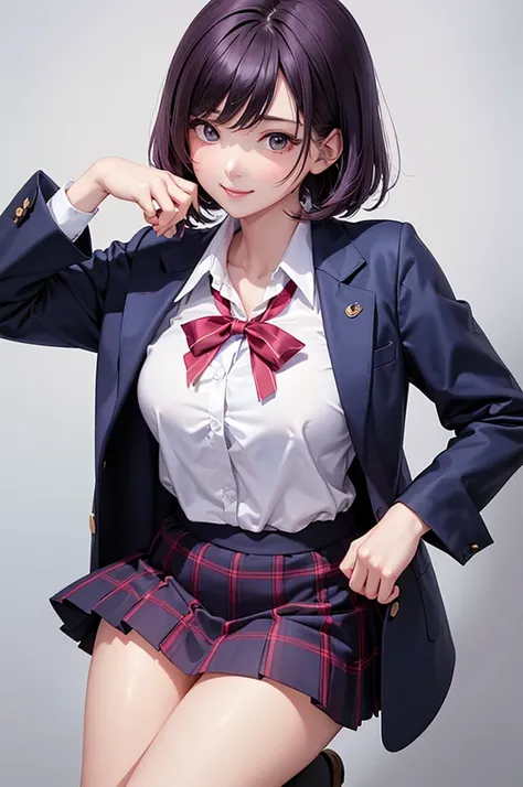 Best Quality,High resolution,8k,(plain white background, no patterns, no textures, just a plain white background:1.3),Masterpiece:1.2),beautiful girl,Big Breasts,Shiny purple hair,(bob cut),Beautiful purple eyes,Depict a Japanese high school girl. She is w...