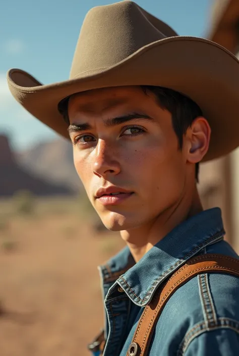 cinematic portrait, ((upper-body)), face facing audience, (Reality :1.3), The most beautiful photo in the world, Young guy looking at the camera, Vintage denim outfits, Cowboy Western, detailed beautiful face, action shot, (Intricate :1.4), Western Backgro...