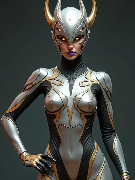 a woman dressed in a striking, futuristic costume that seamlessly blends elements of armor and bodysuit. The outfit is predominantly silver, with elegant gold accents tracing intricate patterns across the figures chest, limbs, and waist, suggesting both a ...