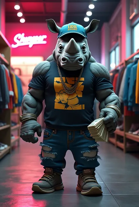 Create Streetwear style rhino holding money in a clothing store