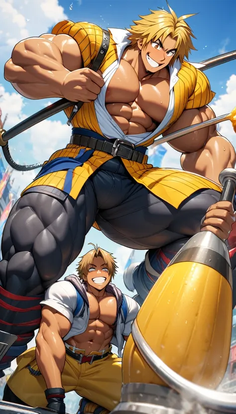 Highest quality,Huge muscles,Full Color,tidus,Massive ,smile wickedly,Open shirt,Shake hard,Devil&#39;s Wings and Tail,Normal position,(((Huge erect penis))),Rubber Suit,Magic circle tattoo,Sex,2boys,((Zoom out,Full body photo)),Stick your tongue out,The d...