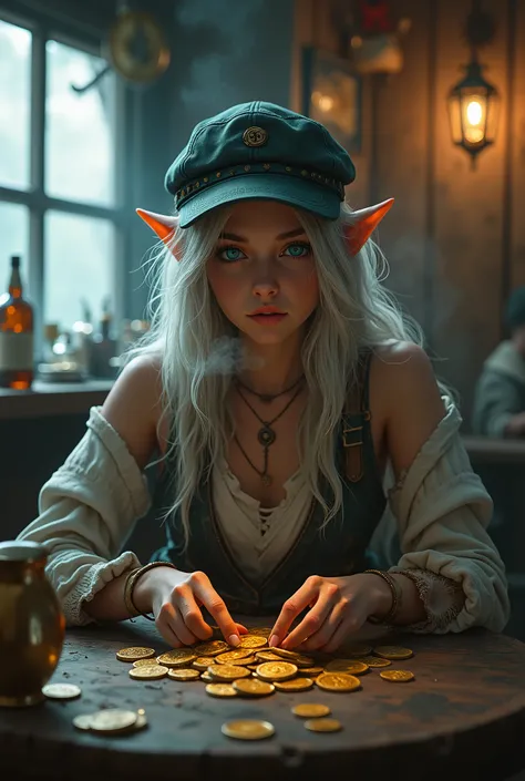 Sexy Tired Elven girl silver hair cap blue eyes from warcraft smokes and counts gold coins in a bar