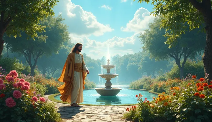 Jesus in a heavenly garden: A garden filled with bright flowers and lush plants, surrounded by fruit trees and with a small fountain in the center. Jesus walks among the flowers, with a look full of compassion and protection. The fountain emits a soft ligh...